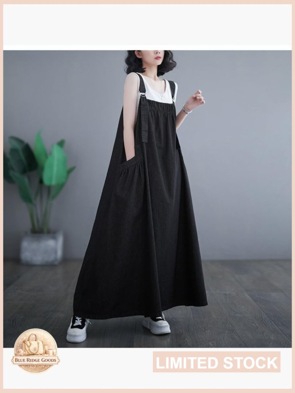 Denim Jumper Dress Loose Fit Maxi Length Adjustable Straps Casual Y2K Style - Picture 3 of 7